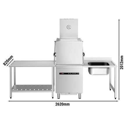 GGM Gastro Commercial Pass Through Dishwasher - Digital Controls - 8.7kW - incl. Inlet Table right, Outlet Table left - with Heat Recovery, Detergent & Rinse Aid Dosing Pumps, Drain Pump