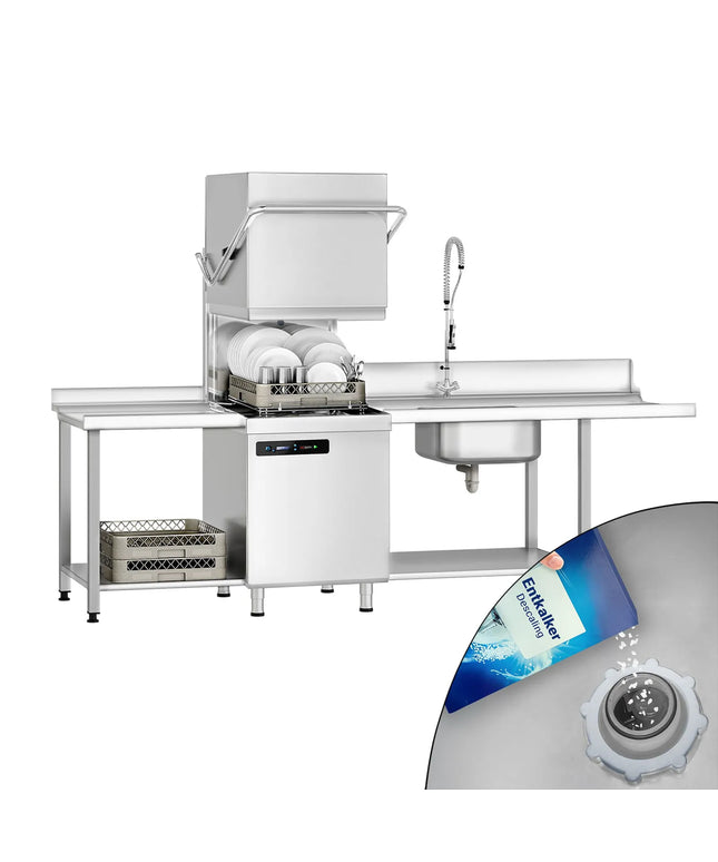 GGM Gastro Commercial Pass Through Dishwasher - Mechanical Controls - 7.1kW - incl. Inlet Table right, Outlet Table left - with Detergent & Rinse Aid Dosing Pumps, Drain Pump