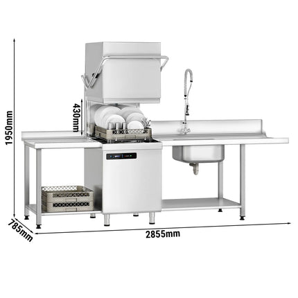 GGM Gastro Commercial Pass Through Dishwasher - Mechanical Controls - 7.1kW - incl. Inlet Table right, Outlet Table left - with Detergent & Rinse Aid Dosing Pumps, Drain Pump