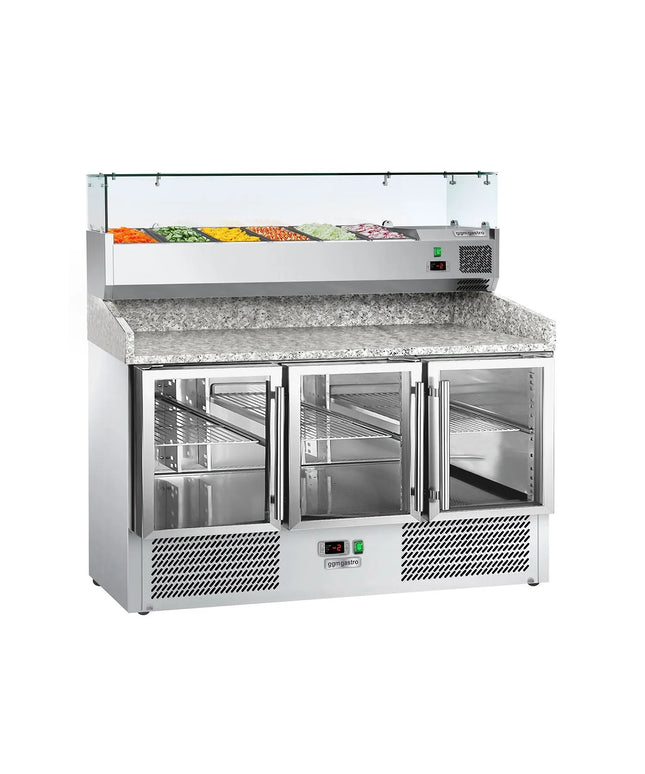 GGM Gastro Commercial Pizza Prep Counter - Granite Top ECO - 1400x700mm - with 3 glass doors - incl. refrigerated topping unit with glass sneeze guard - 6x GN 1/4