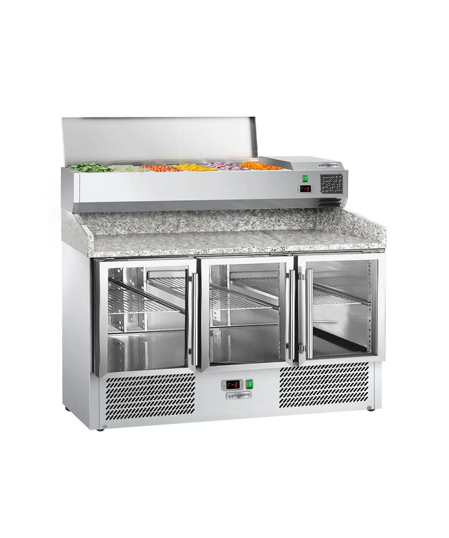 GGM Gastro Commercial Pizza Prep Counter - Granite Top ECO - 1400x700mm - with 3 glass doors - incl. refrigerated topping unit - 6x GN 1/4