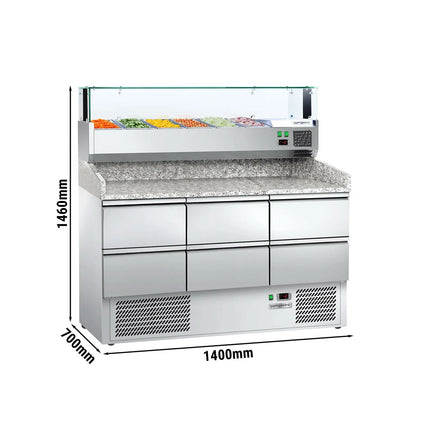 GGM Gastro Commercial Pizza Prep Counter - Granite Top ECO - 1400x700mm - with 0 doors & 6 drawers 1/2 - incl. refrigerated topping unit with glass sneeze guard LED - 6x GN 1/4