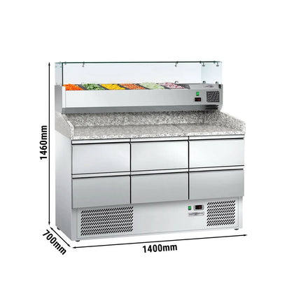 GGM Gastro Commercial Pizza Prep Counter - Granite Top ECO - 1400x700mm - with 0 doors & 6 drawers 1/2 - incl. refrigerated topping unit with glass sneeze guard - 6x GN 1/4