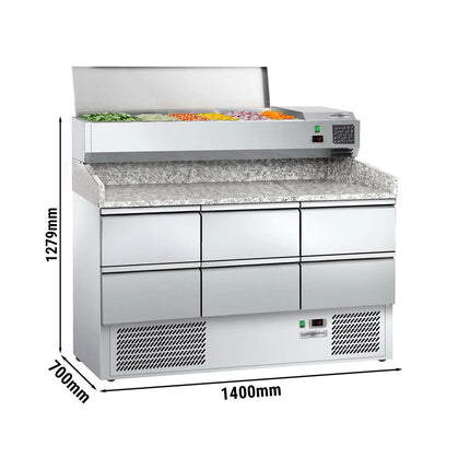 GGM Gastro Commercial Pizza Prep Counter - Granite Top ECO - 1400x700mm - with 0 doors & 6 dough drawers 1/2 - incl. refrigerated topping unit - 6x GN 1/4