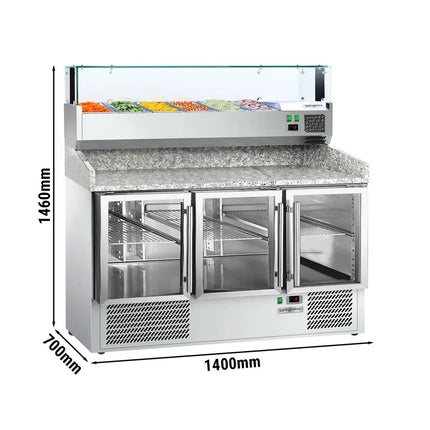 GGM Gastro Commercial Pizza Prep Counter - Granite Top ECO - 1400x700mm - with 3 glass doors - incl. refrigerated topping unit with glass sneeze guard LED - 6x GN 1/4