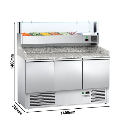 GGM Gastro Commercial Pizza Prep Counter - Granite Top ECO - 1400x700mm - with 3 doors - incl. refrigerated topping unit with glass sneeze guard LED - 6x GN 1/4
