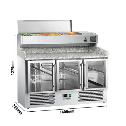 GGM Gastro Commercial Pizza Prep Counter - Granite Top ECO - 1400x700mm - with 3 glass doors - incl. refrigerated topping unit - 6x GN 1/4