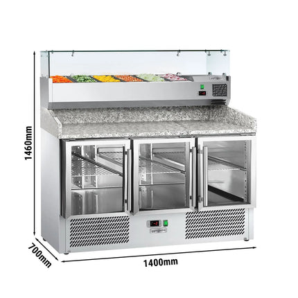GGM Gastro Commercial Pizza Prep Counter - Granite Top ECO - 1400x700mm - with 3 glass doors - incl. refrigerated topping unit with glass sneeze guard - 6x GN 1/4