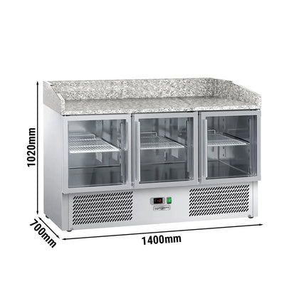GGM Gastro Commercial Pizza Prep Counter - Granite Top ECO - 1400x700mm - with 3 glass doors