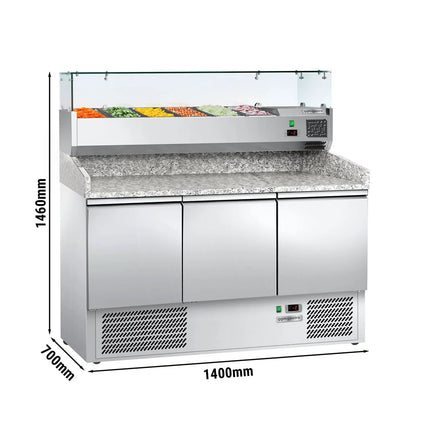 GGM Gastro Commercial Pizza Prep Counter - Granite Top ECO - 1400x700mm - with 3 doors - incl. refrigerated topping unit - 6x GN 1/4