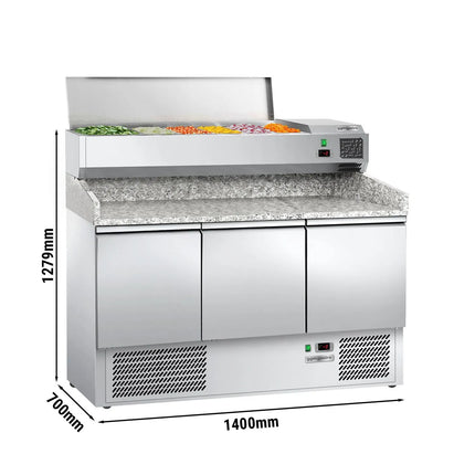 GGM Gastro Commercial Pizza Prep Counter - Granite Top ECO - 1400x700mm - with 3 doors - incl. refrigerated topping unit - 6x GN 1/4