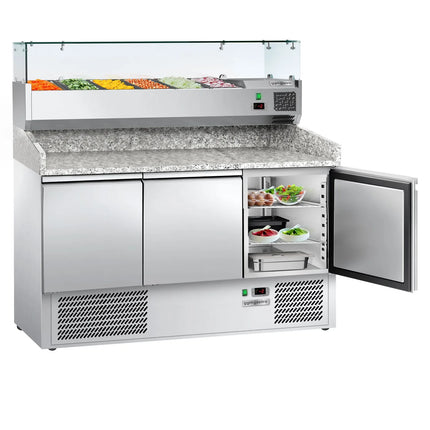 GGM Gastro Commercial Pizza Prep Counter - Granite Top ECO - 1400x700mm - with 3 doors - incl. refrigerated topping unit - 6x GN 1/4