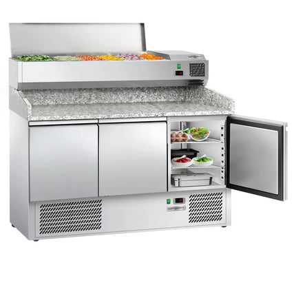 GGM Gastro Commercial Pizza Prep Counter - Granite Top ECO - 1400x700mm - with 3 doors - incl. refrigerated topping unit - 6x GN 1/4
