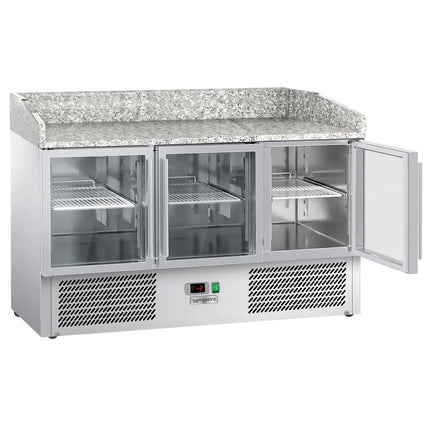 GGM Gastro Commercial Pizza Prep Counter - Granite Top ECO - 1400x700mm - with 3 glass doors