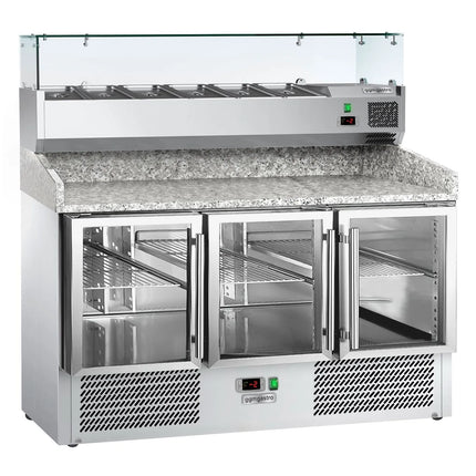 GGM Gastro Commercial Pizza Prep Counter - Granite Top ECO - 1400x700mm - with 3 glass doors - incl. refrigerated topping unit with glass sneeze guard - 6x GN 1/4