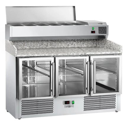 GGM Gastro Commercial Pizza Prep Counter - Granite Top ECO - 1400x700mm - with 3 glass doors - incl. refrigerated topping unit - 6x GN 1/4