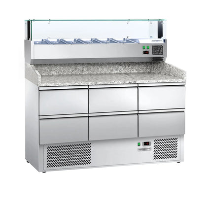 GGM Gastro Commercial Pizza Prep Counter - Granite Top ECO - 1400x700mm - with 0 doors & 6 drawers 1/2 - incl. refrigerated topping unit with glass sneeze guard LED - 6x GN 1/4