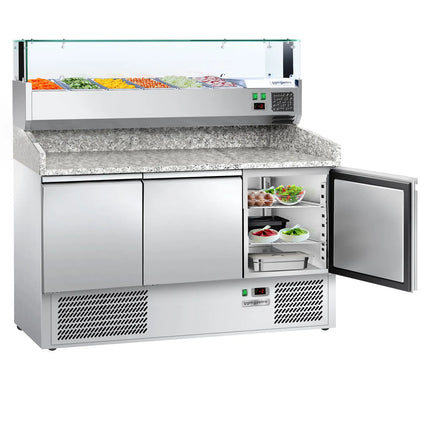 GGM Gastro Commercial Pizza Prep Counter - Granite Top ECO - 1400x700mm - with 3 doors - incl. refrigerated topping unit with glass sneeze guard LED - 6x GN 1/4