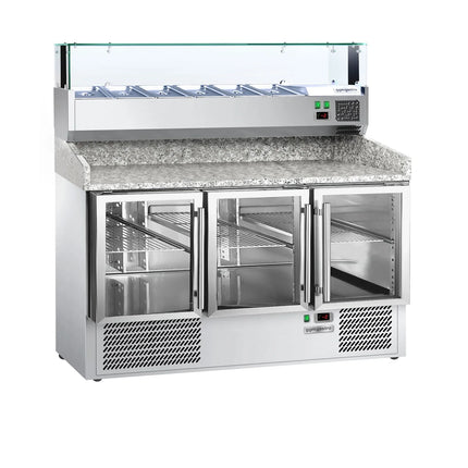 GGM Gastro Commercial Pizza Prep Counter - Granite Top ECO - 1400x700mm - with 3 glass doors - incl. refrigerated topping unit with glass sneeze guard LED - 6x GN 1/4
