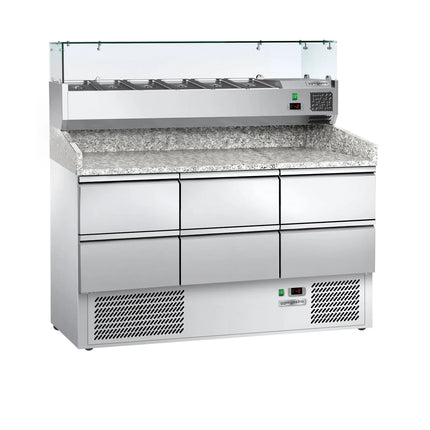GGM Gastro Commercial Pizza Prep Counter - Granite Top ECO - 1400x700mm - with 0 doors & 6 drawers 1/2 - incl. refrigerated topping unit with glass sneeze guard - 6x GN 1/4