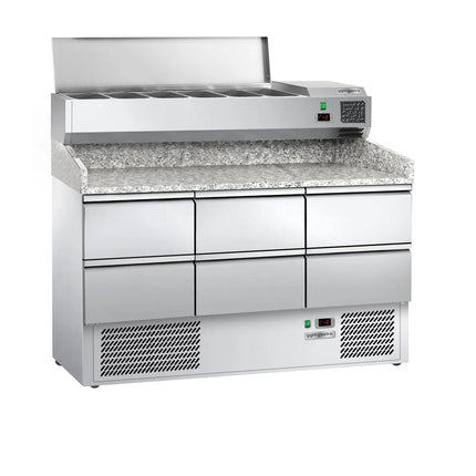 GGM Gastro Commercial Pizza Prep Counter - Granite Top ECO - 1400x700mm - with 0 doors & 6 dough drawers 1/2 - incl. refrigerated topping unit - 6x GN 1/4