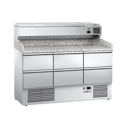 GGM Gastro Commercial Pizza Prep Counter - Granite Top ECO - 1400x700mm - with 0 doors & 6 dough drawers 1/2 - incl. refrigerated topping unit - 6x GN 1/4