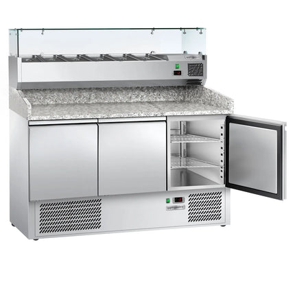 GGM Gastro Commercial Pizza Prep Counter - Granite Top ECO - 1400x700mm - with 3 doors - incl. refrigerated topping unit - 6x GN 1/4