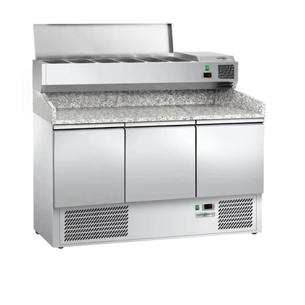 GGM Gastro Commercial Pizza Prep Counter - Granite Top ECO - 1400x700mm - with 3 doors - incl. refrigerated topping unit - 6x GN 1/4