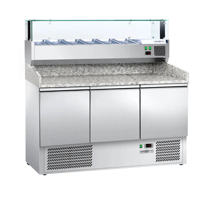 GGM Gastro Commercial Pizza Prep Counter - Granite Top ECO - 1400x700mm - with 3 doors - incl. refrigerated topping unit with glass sneeze guard LED - 6x GN 1/4