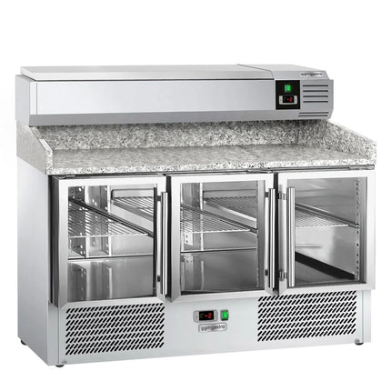 GGM Gastro Commercial Pizza Prep Counter - Granite Top ECO - 1400x700mm - with 3 glass doors - incl. refrigerated topping unit - 6x GN 1/4