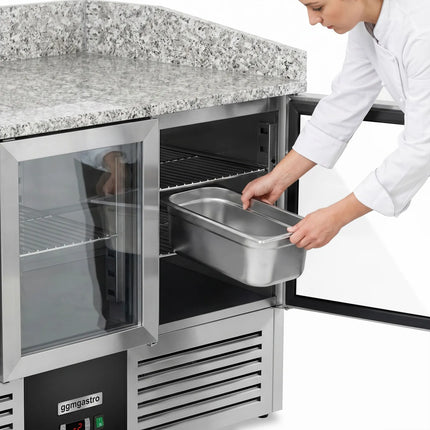 GGM Gastro Commercial Pizza Prep Counter - Granite Top ECO - 1400x700mm - with 3 glass doors - incl. refrigerated topping unit with glass sneeze guard - 6x GN 1/4