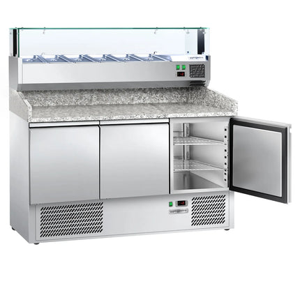 GGM Gastro Commercial Pizza Prep Counter - Granite Top ECO - 1400x700mm - with 3 doors - incl. refrigerated topping unit with glass sneeze guard LED - 6x GN 1/4