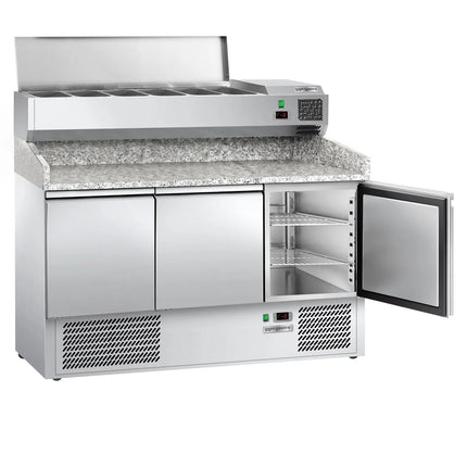 GGM Gastro Commercial Pizza Prep Counter - Granite Top ECO - 1400x700mm - with 3 doors - incl. refrigerated topping unit - 6x GN 1/4