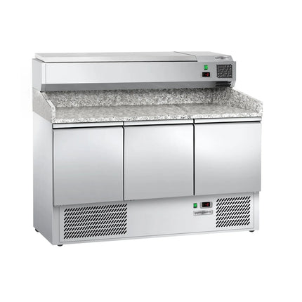 GGM Gastro Commercial Pizza Prep Counter - Granite Top ECO - 1400x700mm - with 3 doors - incl. refrigerated topping unit - 6x GN 1/4