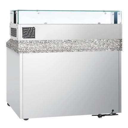 GGM Gastro Commercial Pizza Prep Counter - Granite Top ECO - 1400x700mm - with 3 doors - incl. refrigerated topping unit with glass sneeze guard LED - 6x GN 1/4