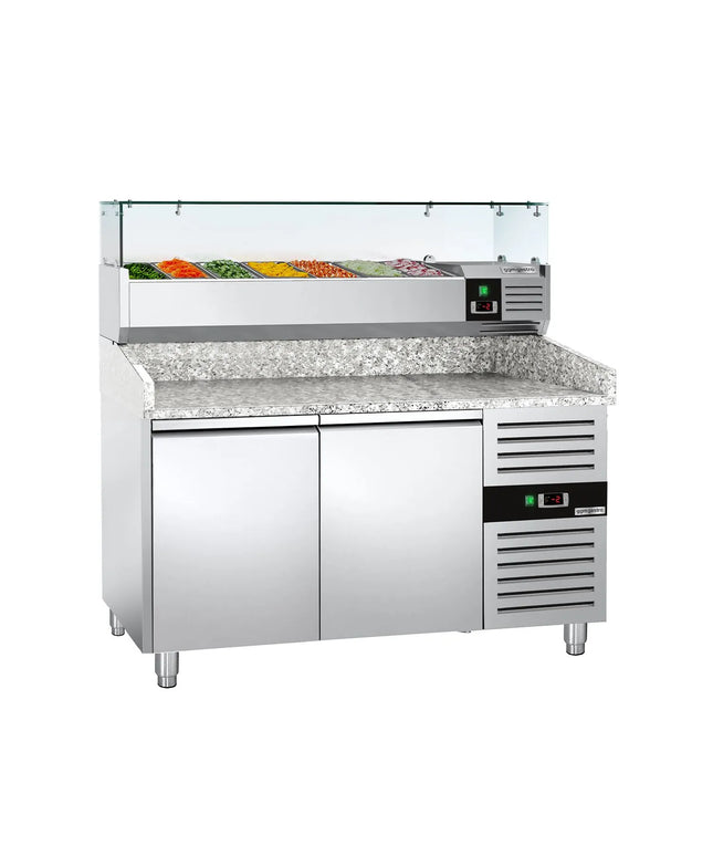 GGM Gastro Commercial Pizza Prep Counter - Granite Top ECO - 1500x800mm - with 2 doors - incl. refrigerated topping unit with glass sneeze guard - 7x GN 1/4