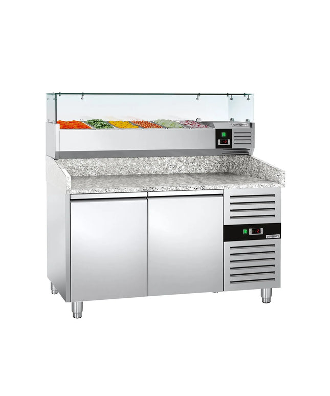 GGM Gastro Commercial Pizza Prep Counter - Granite Top ECO - 1500x800mm - with 2 doors - incl. refrigerated topping unit with glass sneeze guard - 6x GN 1/3