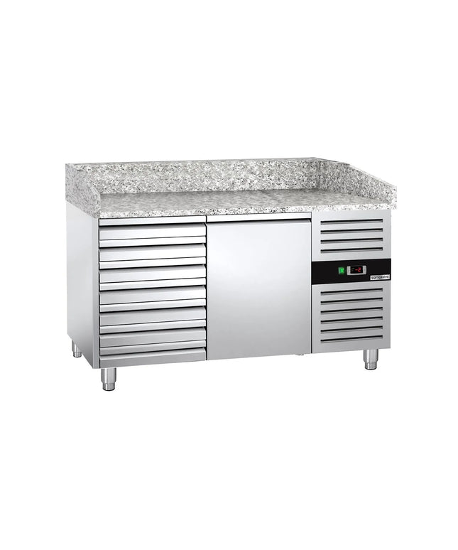 GGM Gastro Commercial Pizza Prep Counter - Granite Top ECO - 1500x800mm - with 1 doors & 7 drawers