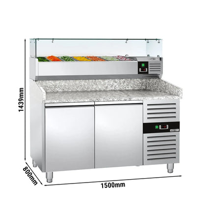 GGM Gastro Commercial Pizza Prep Counter - Granite Top ECO - 1500x800mm - with 2 doors - incl. refrigerated topping unit with glass sneeze guard - 7x GN 1/4