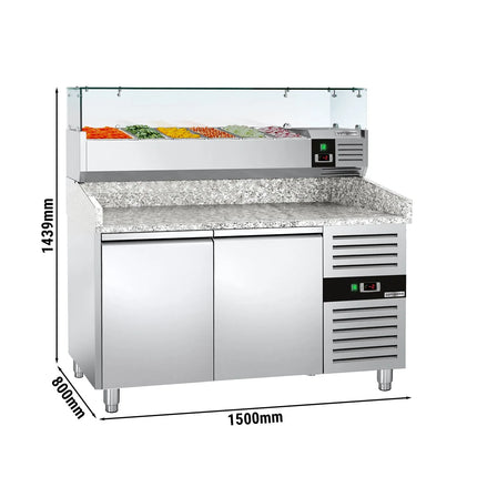 GGM Gastro Commercial Pizza Prep Counter - Granite Top ECO - 1500x800mm - with 2 doors - incl. refrigerated topping unit with glass sneeze guard - 6x GN 1/3