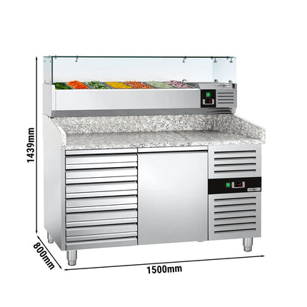 GGM Gastro Commercial Pizza Prep Counter - Granite Top ECO - 1500x800mm - with 1 doors & 7 drawers - incl. refrigerated topping unit - 7x GN 1/4