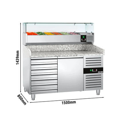 GGM Gastro Commercial Pizza Prep Counter - Granite Top ECO - 1500x800mm - with 1 doors & 7 drawers - incl. refrigerated topping unit - 6x GN 1/3