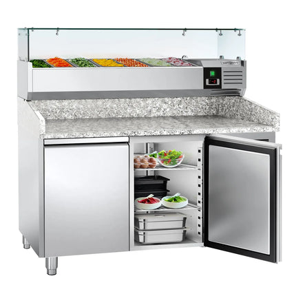 GGM Gastro Commercial Pizza Prep Counter - Granite Top ECO - 1500x800mm - with 2 doors - incl. refrigerated topping unit with glass sneeze guard - 7x GN 1/4