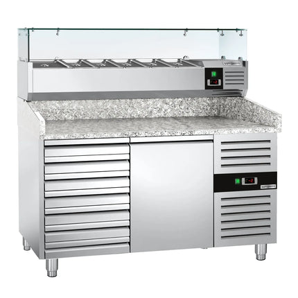 GGM Gastro Commercial Pizza Prep Counter - Granite Top ECO - 1500x800mm - with 1 doors & 7 drawers - incl. refrigerated topping unit - 6x GN 1/3