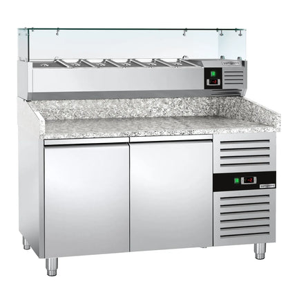 GGM Gastro Commercial Pizza Prep Counter - Granite Top ECO - 1500x800mm - with 2 doors - incl. refrigerated topping unit with glass sneeze guard - 6x GN 1/3