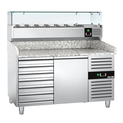 GGM Gastro Commercial Pizza Prep Counter - Granite Top ECO - 1500x800mm - with 1 doors & 7 drawers - incl. refrigerated topping unit - 7x GN 1/4