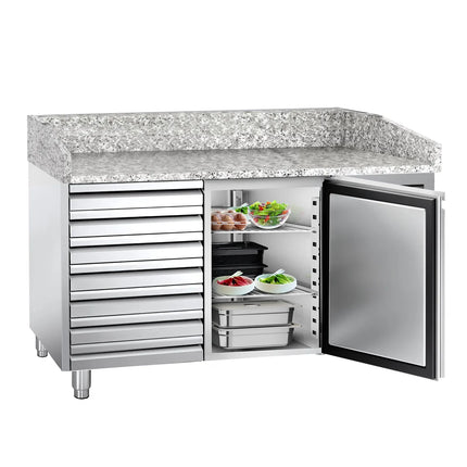 GGM Gastro Commercial Pizza Prep Counter - Granite Top ECO - 1500x800mm - with 1 doors & 7 drawers
