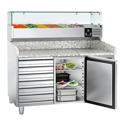 GGM Gastro Commercial Pizza Prep Counter - Granite Top ECO - 1500x800mm - with 1 doors & 7 drawers - incl. refrigerated topping unit - 6x GN 1/3
