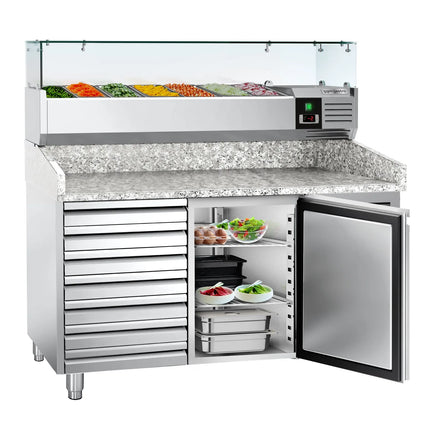 GGM Gastro Commercial Pizza Prep Counter - Granite Top ECO - 1500x800mm - with 1 doors & 7 drawers - incl. refrigerated topping unit - 7x GN 1/4
