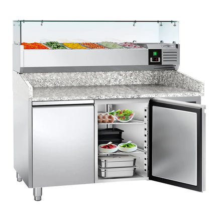 GGM Gastro Commercial Pizza Prep Counter - Granite Top ECO - 1500x800mm - with 2 doors - incl. refrigerated topping unit with glass sneeze guard - 6x GN 1/3